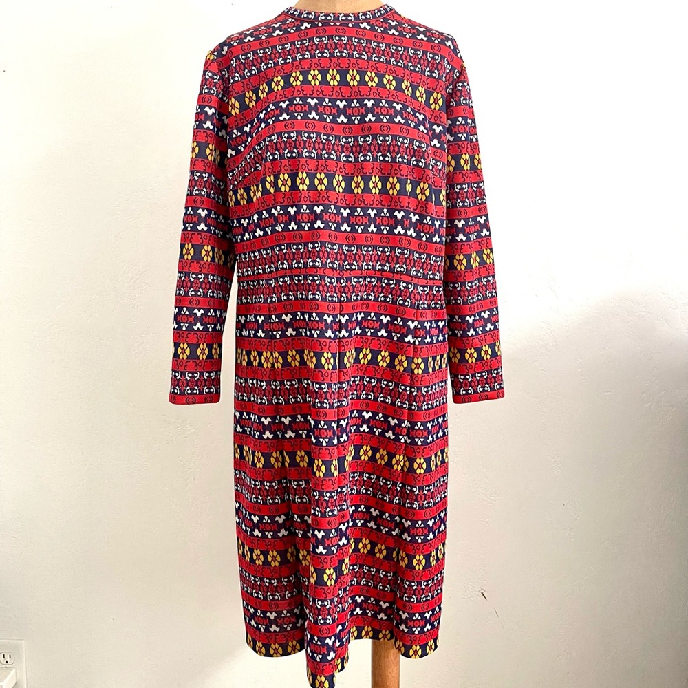 Vintage Handmade Retro Casual Long Sleeve Knit Dress w/Retro Red Blue Print